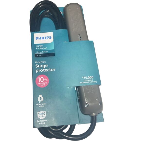 Philips 6 Outlet Surge Protector Power Strip 1080J 10FT Cord Black SPP6110BC - Picture 4 of 6